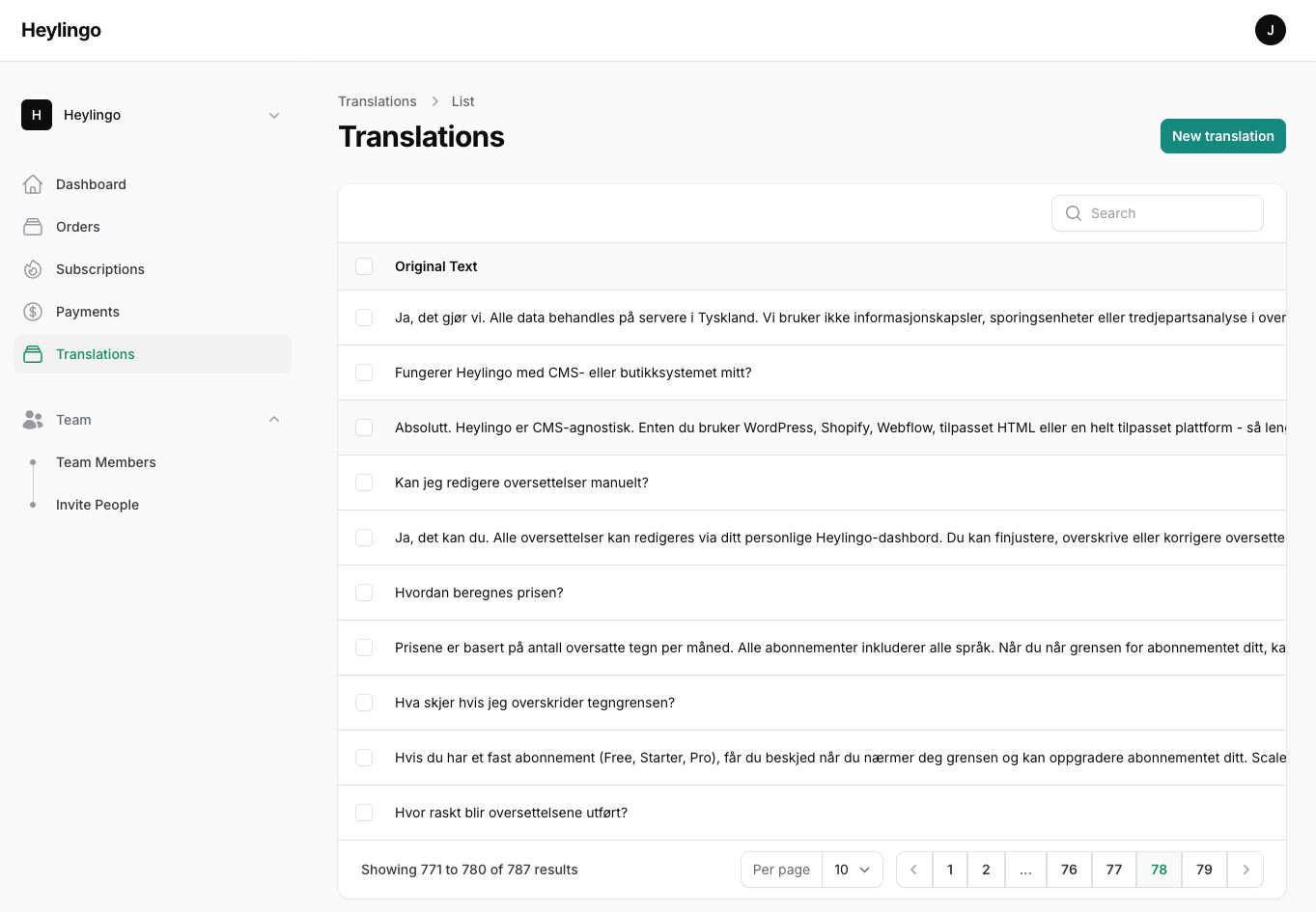 Heylingo dashboard